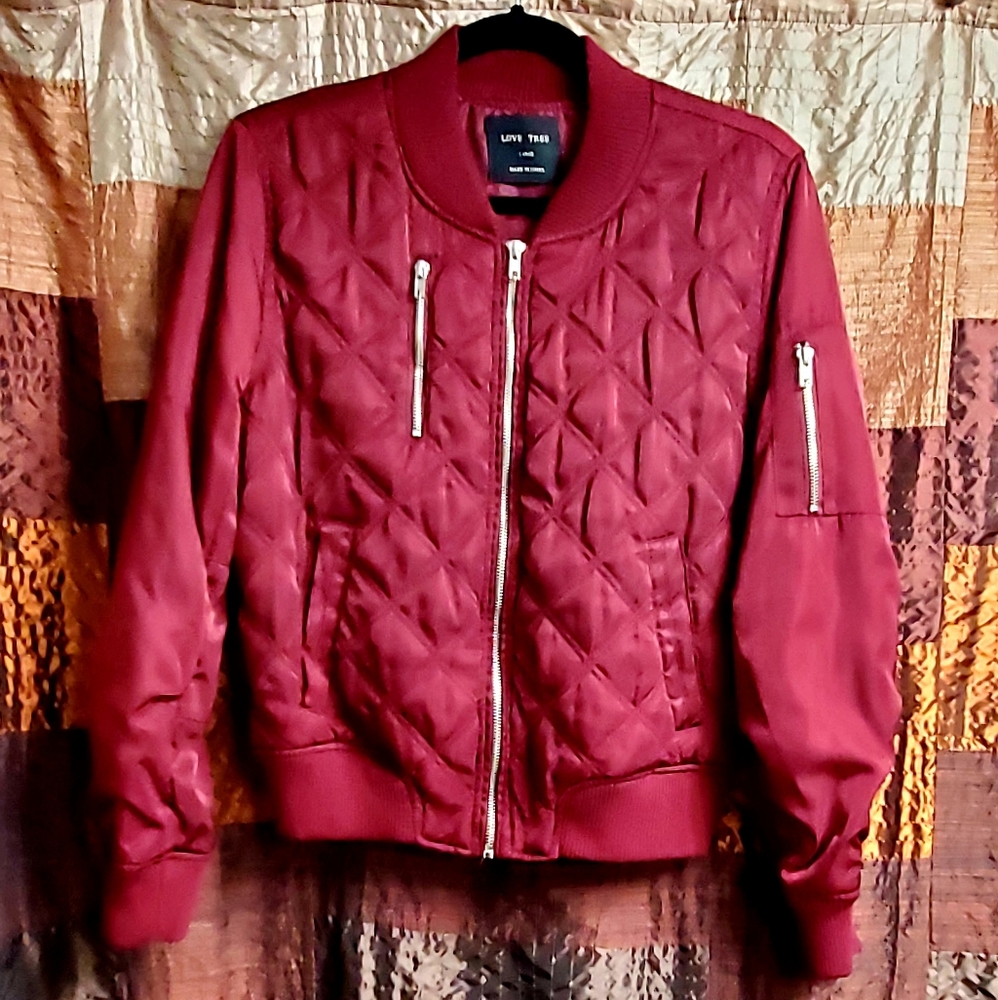 Love Tree Burgundy/Maroon Silky Quilted Bomber Jacket